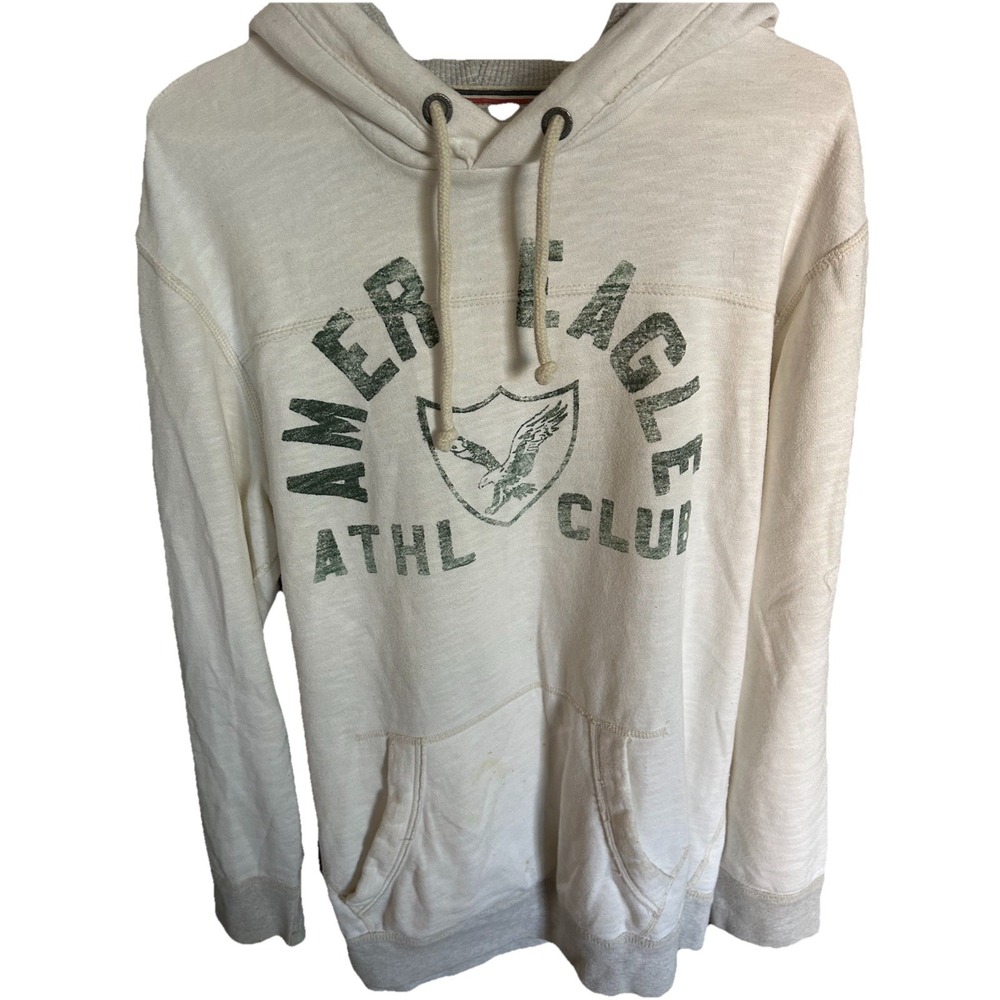 American Eagle Soft‎ Graphic Hoodie XLT Off White Green Gray Waffle Sweatshirt